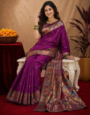 Purple soft silk blend banarasi jacuard work pethani saree with unstitched blouse piece 4