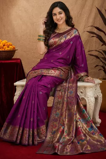 Purple soft silk blend banarasi jacuard work pethani saree with unstitched blouse piece