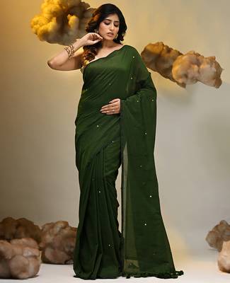 Elegant green cotton saree with sequin embellishments and pom pom 1