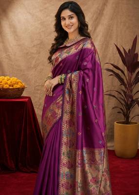 Purple soft silk blend banarasi jacuard work pethani saree with unstitched blouse piece 5