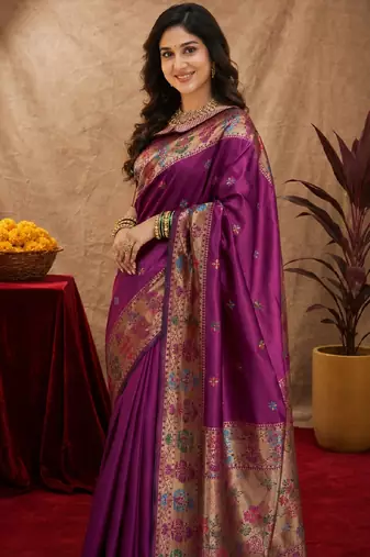 Purple soft silk blend banarasi jacuard work pethani saree with unstitched blouse piece