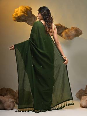 Elegant green cotton saree with sequin embellishments and pom pom 2