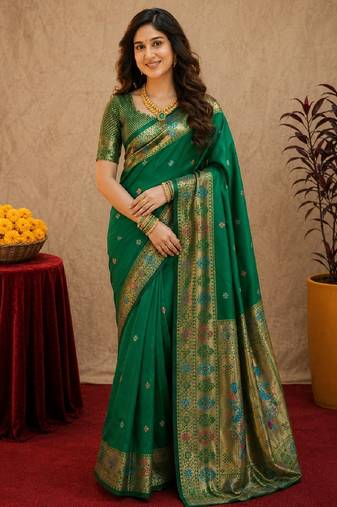Green soft silk blend banarasi jacuard work pethani saree with unstitched blouse piece