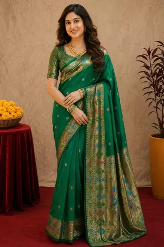 Green soft silk blend banarasi jacuard work pethani saree with unstitched blouse piece