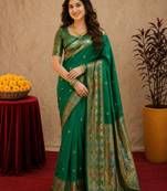 Green soft silk blend banarasi jacuard work pethani saree with unstitched blouse piece