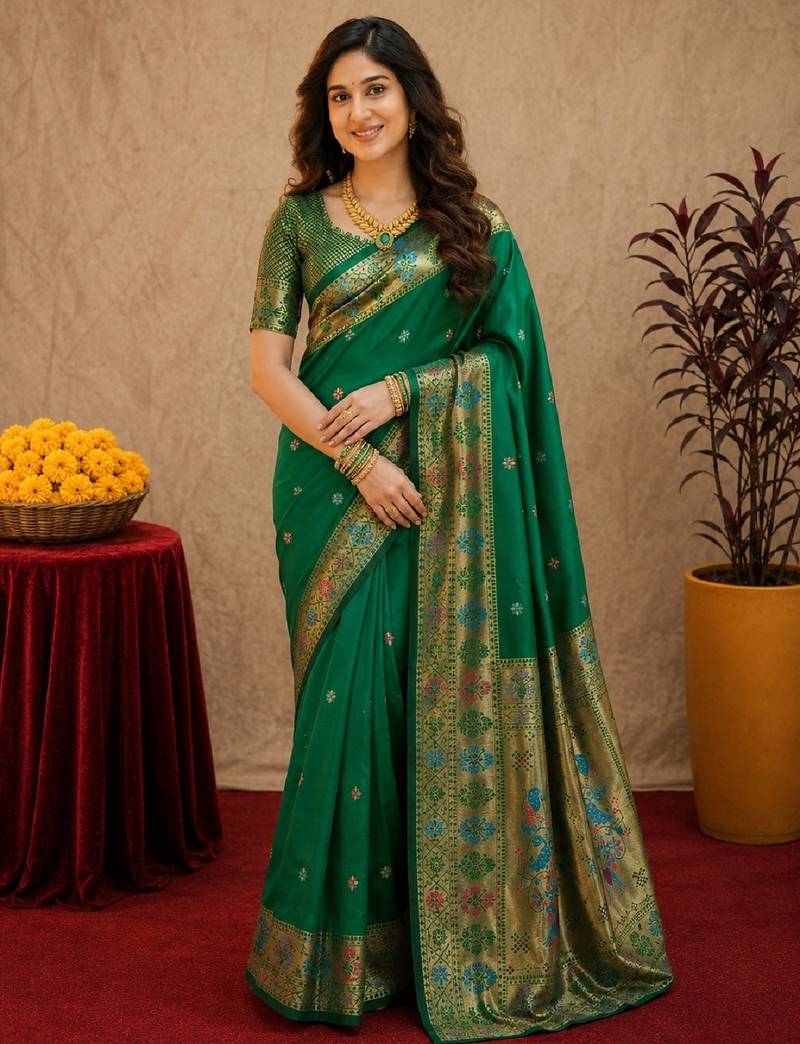 Green soft silk blend banarasi jacuard work pethani saree with unstitched blouse piece