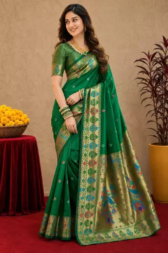 Green soft silk blend banarasi jacuard work pethani saree with unstitched blouse piece