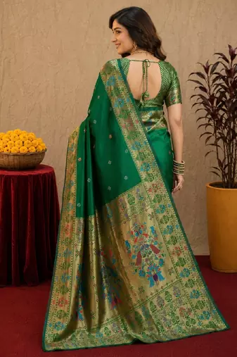 Green soft silk blend banarasi jacuard work pethani saree with unstitched blouse piece