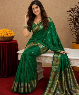 Green soft silk blend banarasi jacuard work pethani saree with unstitched blouse piece 4
