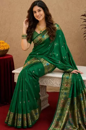 Green soft silk blend banarasi jacuard work pethani saree with unstitched blouse piece