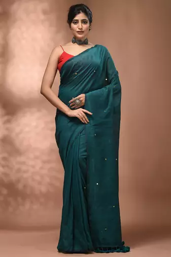 Elegant teal cotton saree with sequin embellishments and pom pom