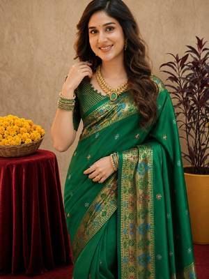 Green soft silk blend banarasi jacuard work pethani saree with unstitched blouse piece 5