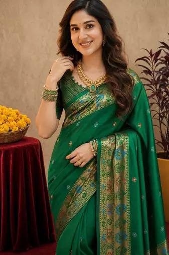 Green soft silk blend banarasi jacuard work pethani saree with unstitched blouse piece