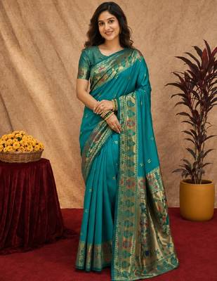 Rama soft silk blend banarasi jacuard work pethani saree with unstitched blouse piece 1