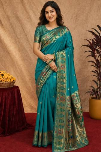 Rama soft silk blend banarasi jacuard work pethani saree with unstitched blouse piece