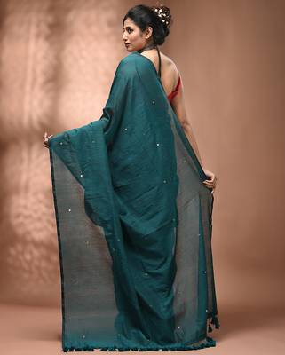 Elegant teal cotton saree with sequin embellishments and pom pom 2