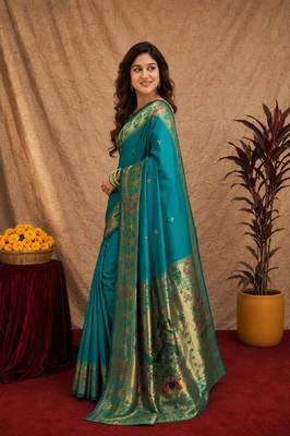 Rama soft silk blend banarasi jacuard work pethani saree with unstitched blouse piece 2