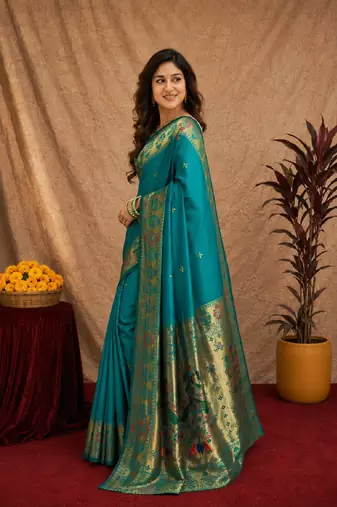 Rama soft silk blend banarasi jacuard work pethani saree with unstitched blouse piece
