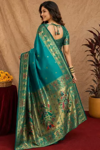 Rama soft silk blend banarasi jacuard work pethani saree with unstitched blouse piece