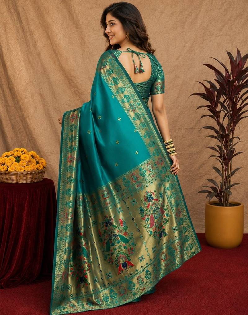 Rama soft silk blend banarasi jacuard work pethani saree with unstitched blouse piece