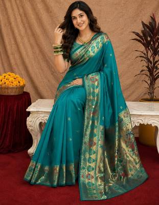 Rama soft silk blend banarasi jacuard work pethani saree with unstitched blouse piece 4
