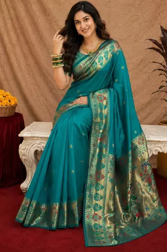 Rama soft silk blend banarasi jacuard work pethani saree with unstitched blouse piece