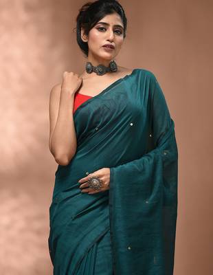 Elegant teal cotton saree with sequin embellishments and pom pom 5