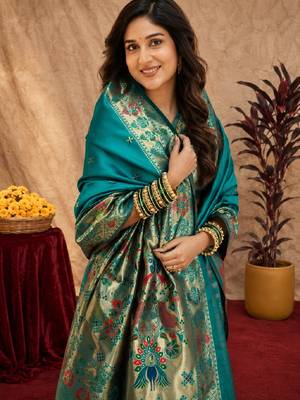 Rama soft silk blend banarasi jacuard work pethani saree with unstitched blouse piece 5