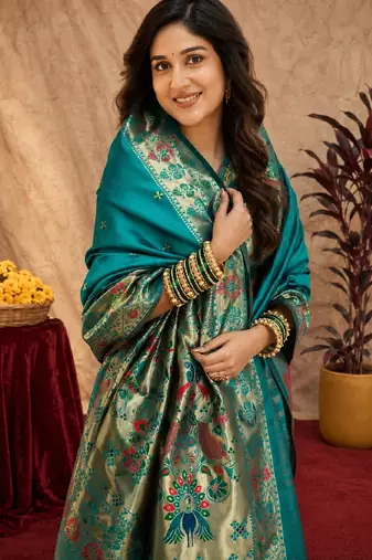 Rama soft silk blend banarasi jacuard work pethani saree with unstitched blouse piece