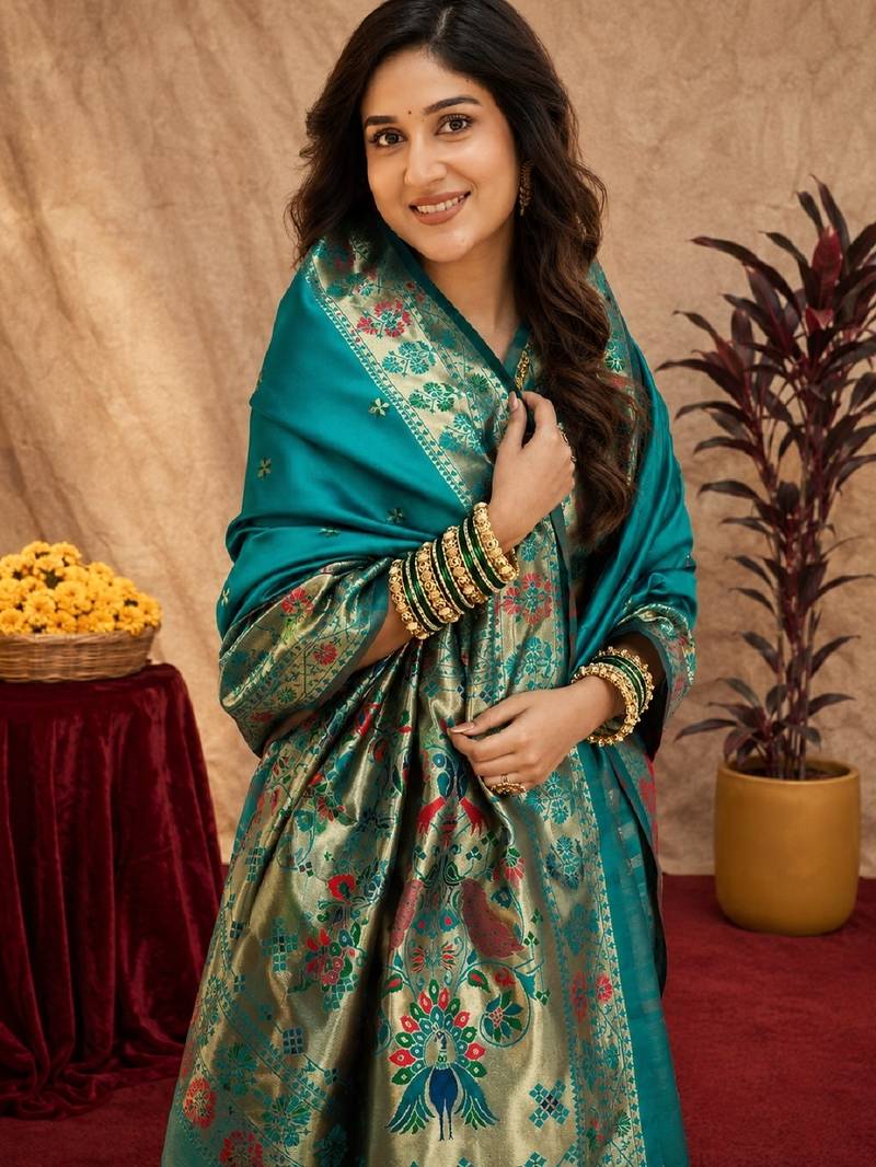 Rama soft silk blend banarasi jacuard work pethani saree with unstitched blouse piece