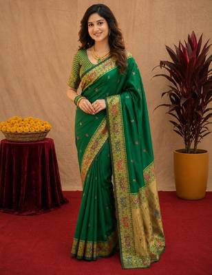 Green soft silk blend banarasi jacuard work pethani saree with unstitched blouse piece 1