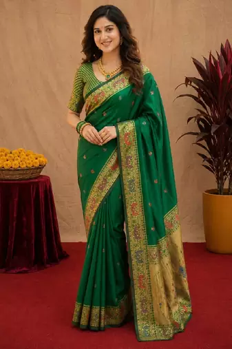 Green soft silk blend banarasi jacuard work pethani saree with unstitched blouse piece