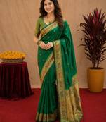 Green soft silk blend banarasi jacuard work pethani saree with unstitched blouse piece