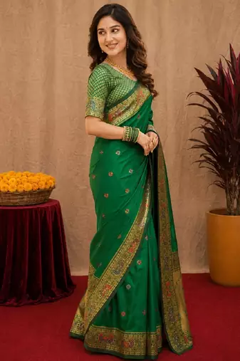 Green soft silk blend banarasi jacuard work pethani saree with unstitched blouse piece