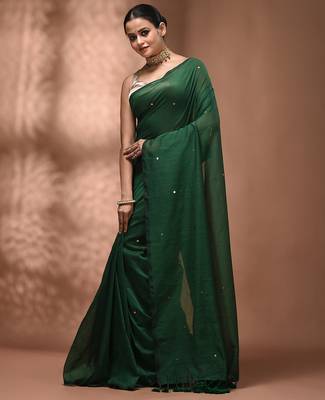 Elegant green cotton saree with sequin embellishments and pom pom 3