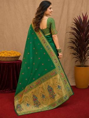 Green soft silk blend banarasi jacuard work pethani saree with unstitched blouse piece 3