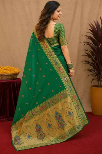 Green soft silk blend banarasi jacuard work pethani saree with unstitched blouse piece