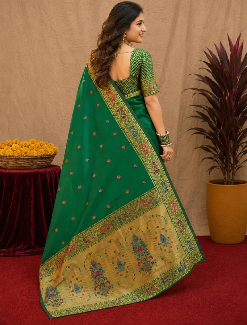 Green soft silk blend banarasi jacuard work pethani saree with unstitched blouse piece