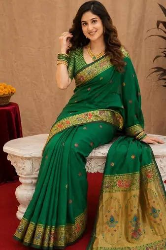 Green soft silk blend banarasi jacuard work pethani saree with unstitched blouse piece