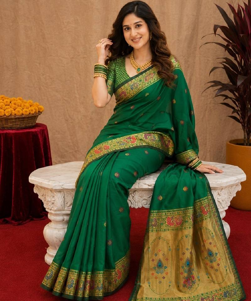 Green soft silk blend banarasi jacuard work pethani saree with unstitched blouse piece