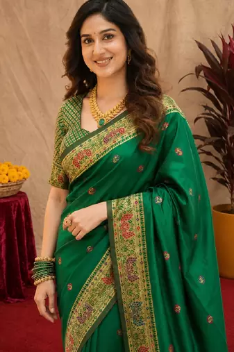 Green soft silk blend banarasi jacuard work pethani saree with unstitched blouse piece