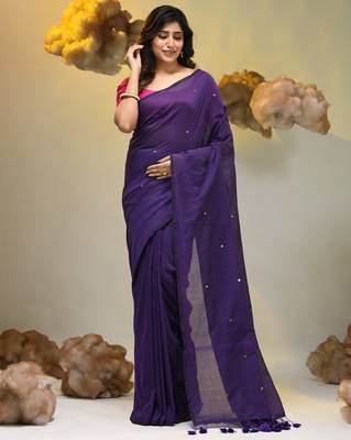 Elegant purple cotton saree with sequin embellishments and pom pom 1