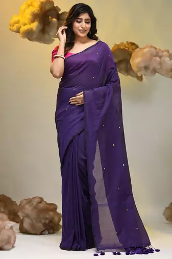 Elegant purple cotton saree with sequin embellishments and pom pom