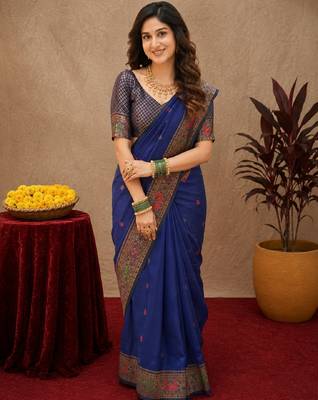 Blue soft silk blend banarasi jacuard work pethani saree with unstitched blouse piece 1