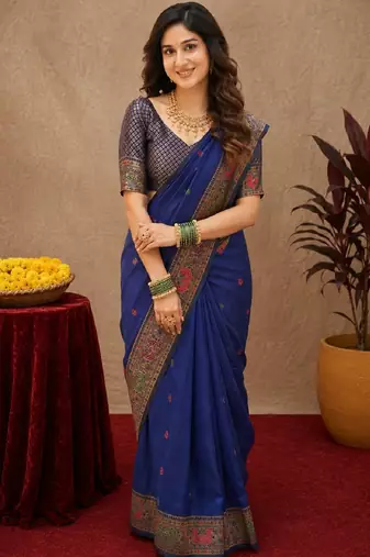 Blue soft silk blend banarasi jacuard work pethani saree with unstitched blouse piece