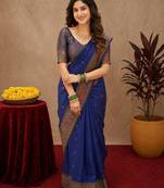 Blue soft silk blend banarasi jacuard work pethani saree with unstitched blouse piece