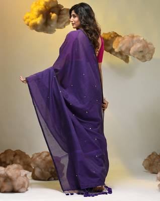 Elegant purple cotton saree with sequin embellishments and pom pom 2
