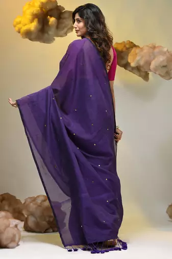 Elegant purple cotton saree with sequin embellishments and pom pom