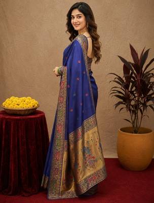Blue soft silk blend banarasi jacuard work pethani saree with unstitched blouse piece 2