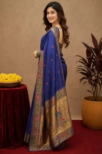 Blue soft silk blend banarasi jacuard work pethani saree with unstitched blouse piece